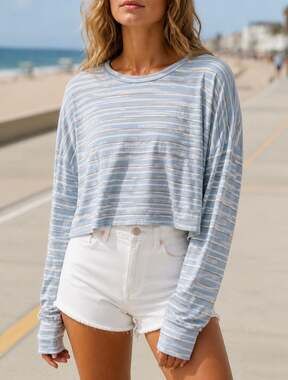 RVCA Selects Blue Striped Modal Oversized Crop Long Sleeve Top Small